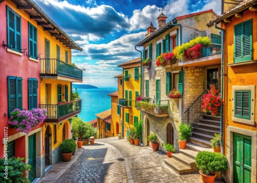 Fototapeta Naklejka Na Ścianę i Meble -  Vibrant illustration of a quaint Italian village street lined with traditional houses, colorful shutters, and ornate balconies, overlooking the sparkling Mediterranean coastline.