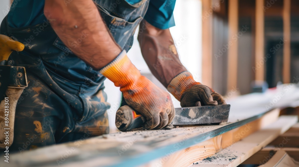 Carpenter Cutting Wood with Hand Tools in a Workshop
