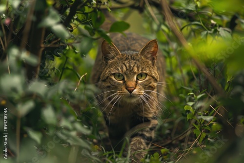 A charming image of a European wildcat stealthily moving through a dense forest underbrush.