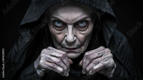 old woman with Despair: Hollow gaze, trembling hands, drowning in a sea of hopelessness photo