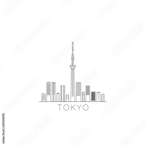 Tokyo skyline city panorama vector flat modern logo, icon. Japan capital horizon emblem with landmarks and building silhouettes. Isolated thin line graphic