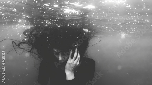 woman with Despair: Hollow gaze, trembling hands, drowning in a sea of hopelessness photo