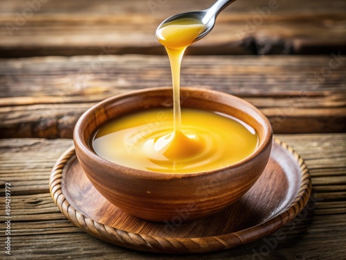 Golden liquid clarified butter ghee pours slowly into a small ceramic bowl on a rustic wooden table, highlighting its nutritional benefits for healthy paleo eating. photo