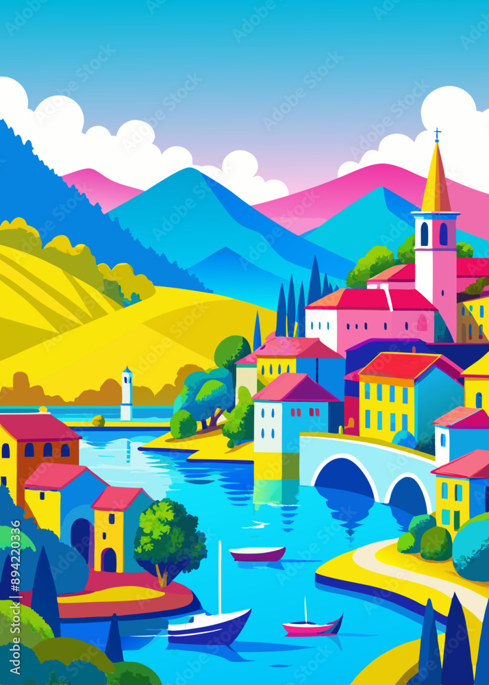 Fototapeta premium mountain village in the mountains castle in the mountains Zuiza paisajes church, mountain, landscape, alps, europe, lake, austria, town, travel, nature, architecture, sky, building, water, tower, vil