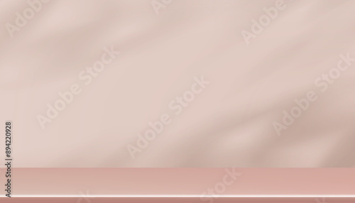 Pink Gold Background,Pastel Beige color gradient studio room with light,shadow leaves on wall and floor for product presentation.Vector 3d Display podium stage stand with copy space for Spring,Summer