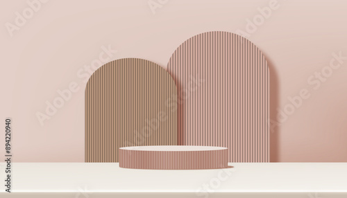 Autumn Background,Studio Interior Room with 3d Beige Podium Stage,Minimal modern product display with corrugated texture with copy space for Fall season web banner,Vector  Platform for Jewelry Stand