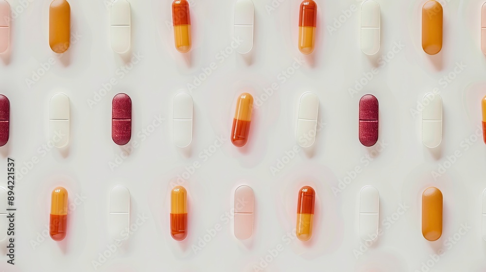 close up of red and white pills on white background close up of red and white pills on white background