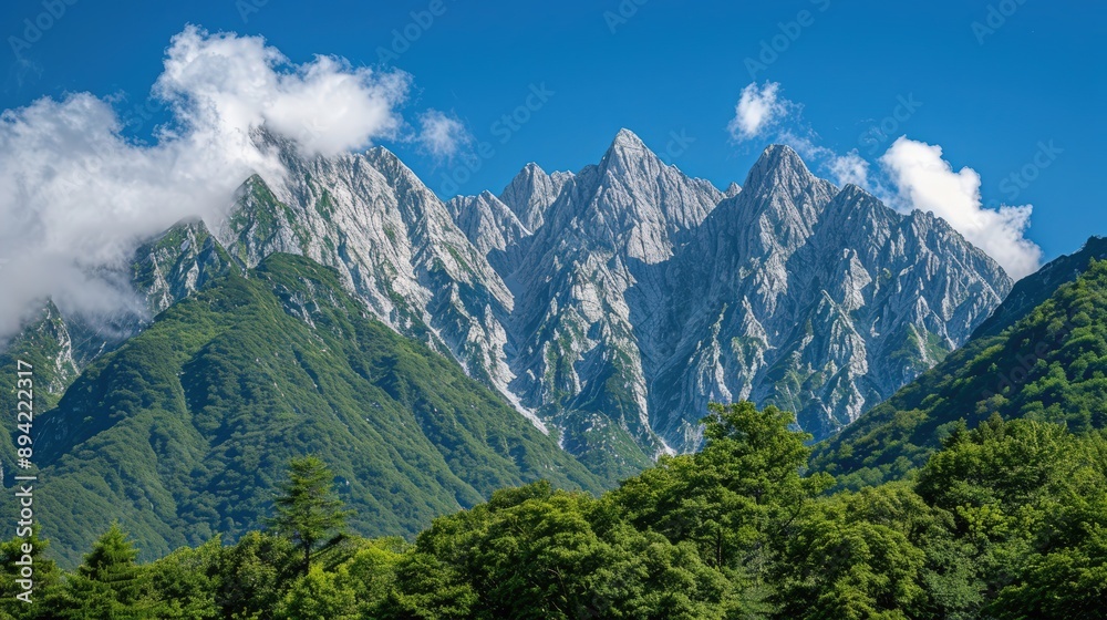 Majestic mountain range with towering peaks under blue skies - stunning landscape photography Majestic mountain range with towering peaks under blue skies - stunning landscape photography