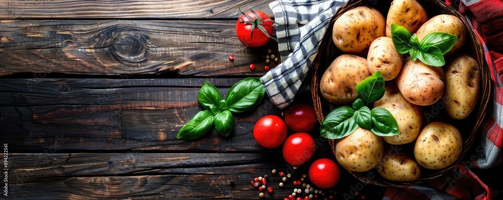 Fresh potatoes, tomatoes, and basil leaves on rustic wooden table with checkered cloth, perfect for kitchen and cooking themes. Fresh potatoes, tomatoes, and basil leaves on rustic wooden table with checkered cloth, perfect for kitchen and cooking themes.