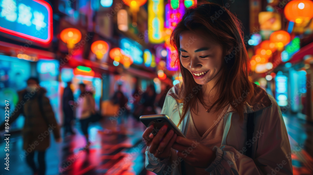 A young woman is using her smartphone while walking through a city street. The city is full of neon lights and the woman is smiling. A young woman is using her smartphone while walking through a city street. The city is full of neon lights and the woman is smiling.