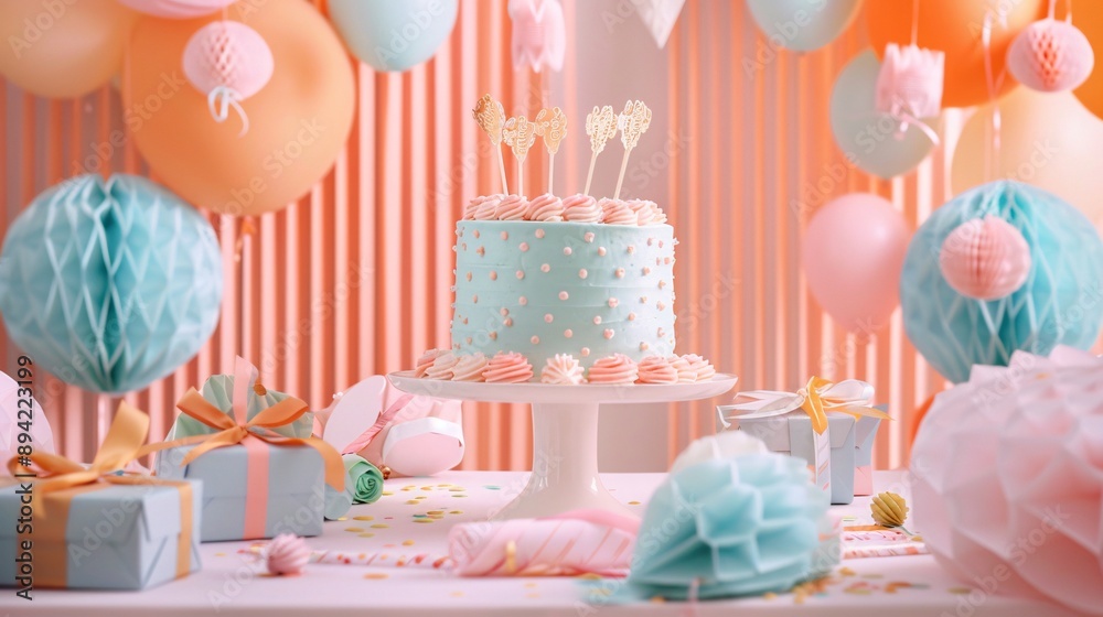 A birthday party setup with a cake gifts and decorations A birthday party setup with a cake gifts and decorations