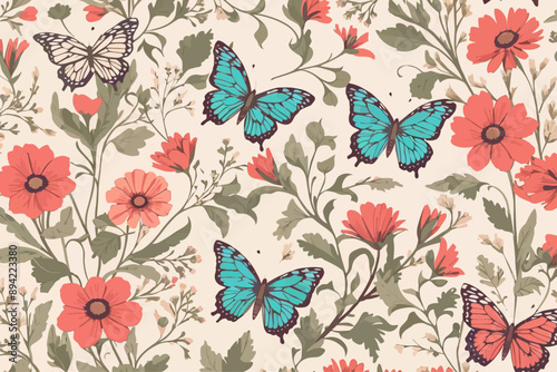 Wallpaper Mural Romantic seamless pattern Wildflowers Butterflies Torontodigital.ca
