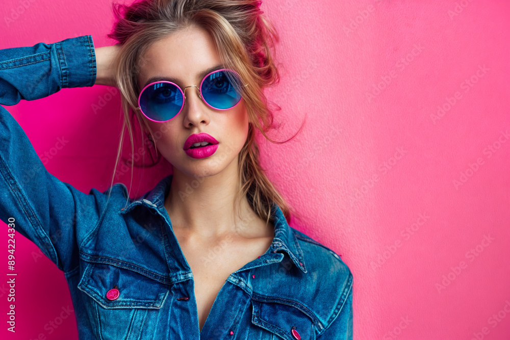 Stylish young woman in denim jacket and round sunglasses posing against vibrant pink background, showcasing trendy fashion and bold makeup with bright lipstick Stylish young woman in denim jacket and round sunglasses posing against vibrant pink background, showcasing trendy fashion and bold makeup with bright lipstick