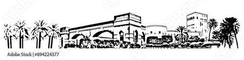 Oman Arab Famous Fort with Dates Tree Outline Design