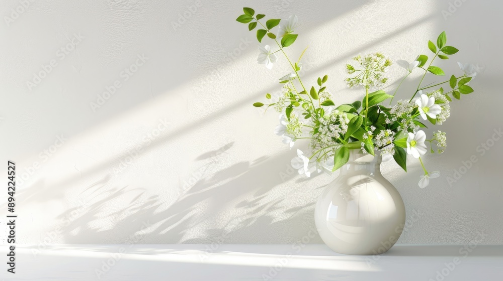 White vase with green and white flowers on white backdrop