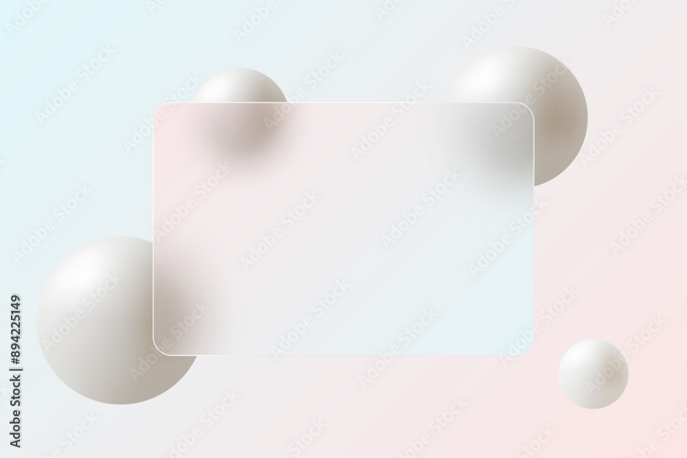 Glass morphism landing page with frame. Illustration with blurry floating white spheres.