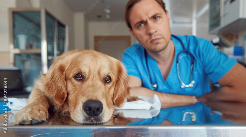 A sorrowful nurse in blue scrubs sitting beside a golden retriever puppy in a stainless steel veterinary cart, white cloth underneath, both with frowning expressions looking at the camera. A sorrowful nurse in blue scrubs sitting beside a golden retriever puppy in a stainless steel veterinary cart, white cloth underneath, both with frowning expressions looking at the camera.