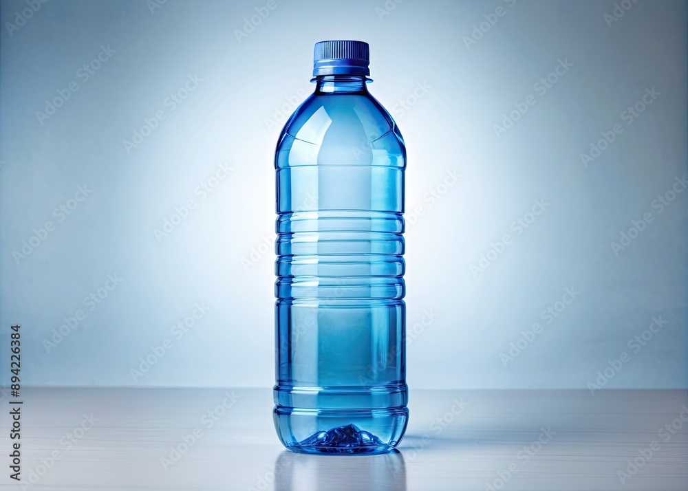 A pristine, transparent, blue plastic bottle stands upright, empty and clean, against a transparent background, awaiting its next use in a fresh and modern setting. A pristine, transparent, blue plastic bottle stands upright, empty and clean, against a transparent background, awaiting its next use in a fresh and modern setting.