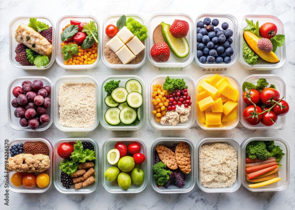 Colorful overhead shot of meal prep containers filled with fresh fruits, lean proteins, and whole grains, on a clean white background with ample text space. Colorful overhead shot of meal prep containers filled with fresh fruits, lean proteins, and whole grains, on a clean white background with ample text space.