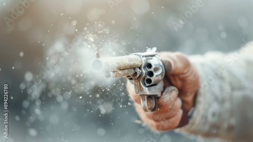 A hand stained with gunpowder reloads a musket.