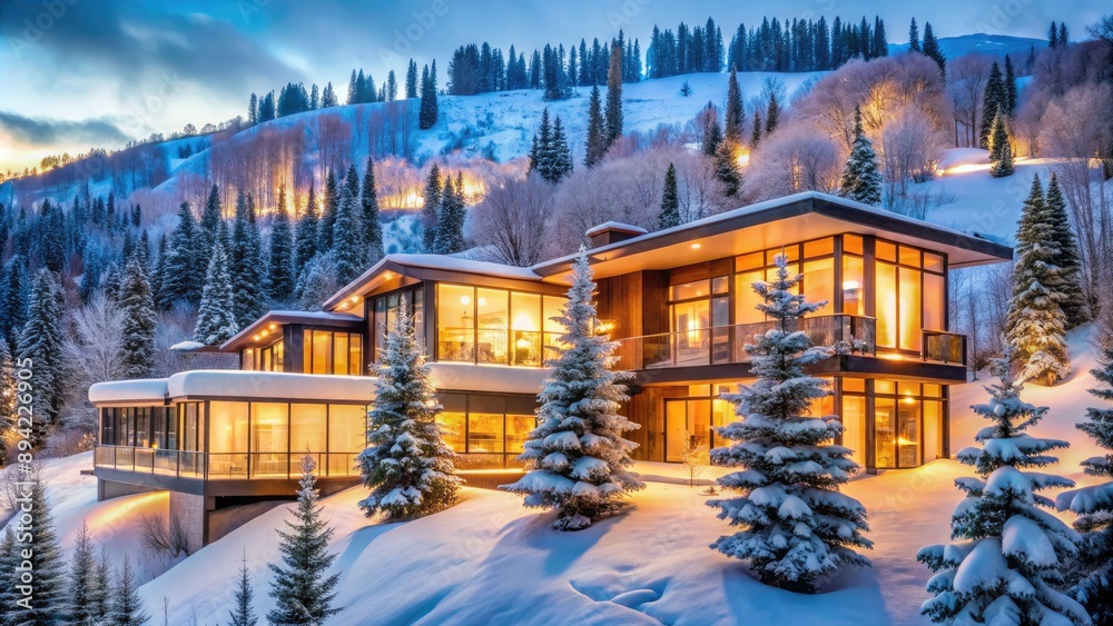 Fototapeta premium Luxurious contemporary mansion nestled amidst snow-covered trees in Park City, Utah, boasting expansive mountain vistas and elegant exterior lighting on a serene winter morning.