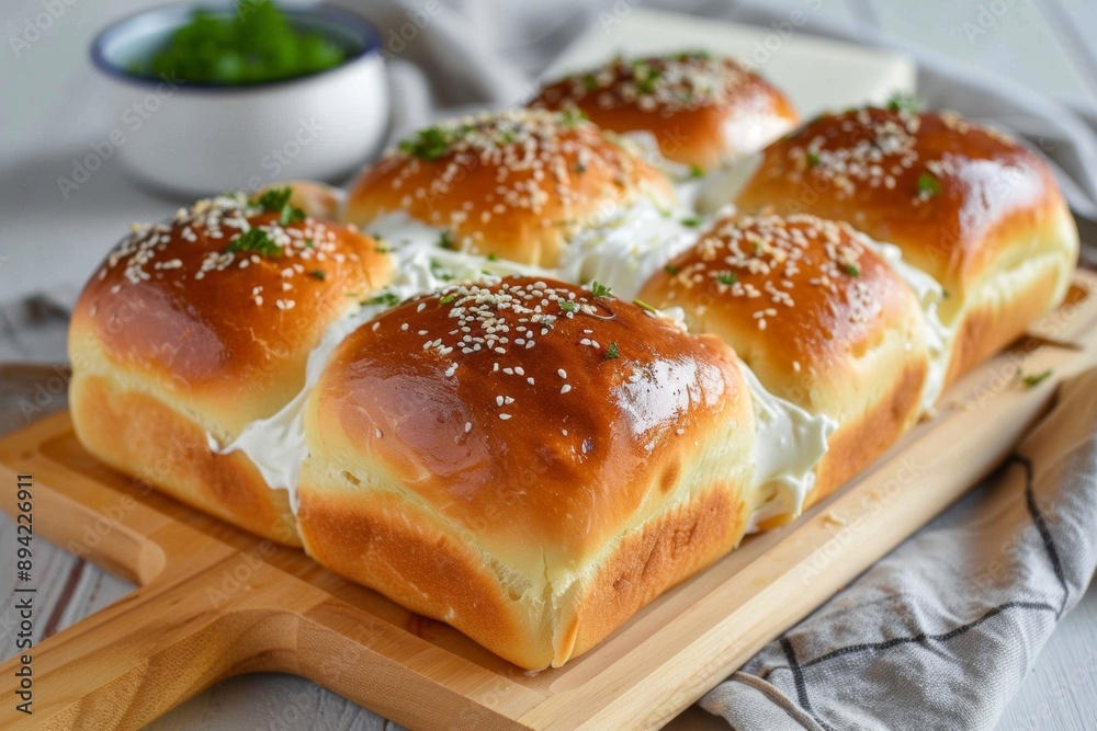Yeast-baked bread topped with creamy cream cheese presents a delightful and appetizing treat. Yeast-baked bread topped with creamy cream cheese presents a delightful and appetizing treat.