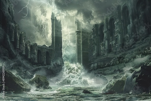 Ancient castle ruins engulfed by a raging storm and flood photo