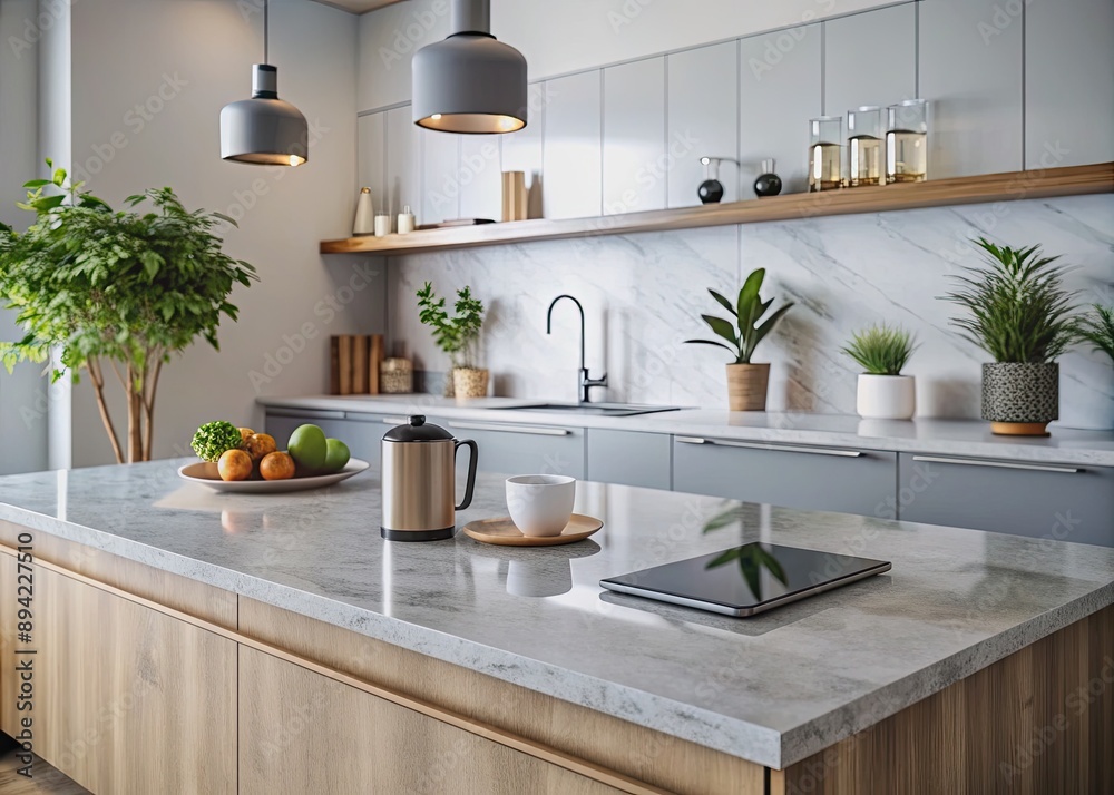 Modern kitchen counter with a sleek countertop, surrounded by stylish decorations, highlighting the empty space where a person would normally stand with their phone. Modern kitchen counter with a sleek countertop, surrounded by stylish decorations, highlighting the empty space where a person would normally stand with their phone.