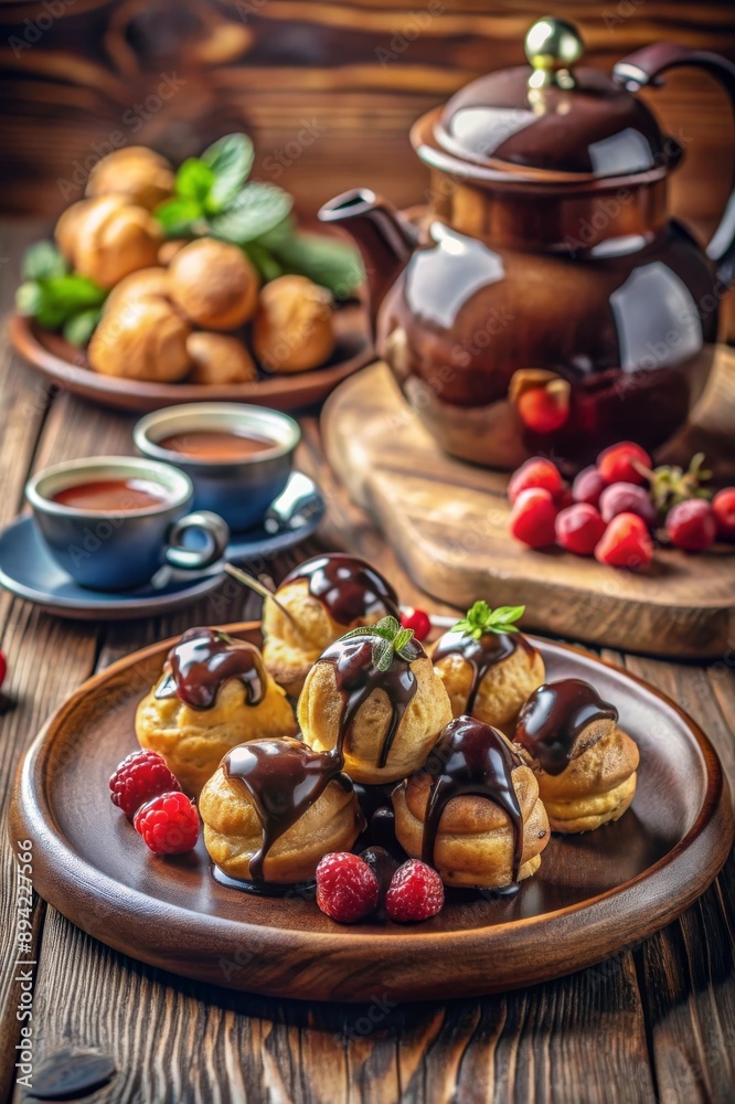 Profiteroles con salsa de chocolate, acompañados de tazas de té y fresas frescas, dispuestos en una mesa rústica. Cocina francesa. Profiteroles con salsa de chocolate, acompañados de tazas de té y fresas frescas, dispuestos en una mesa rústica. Cocina francesa.