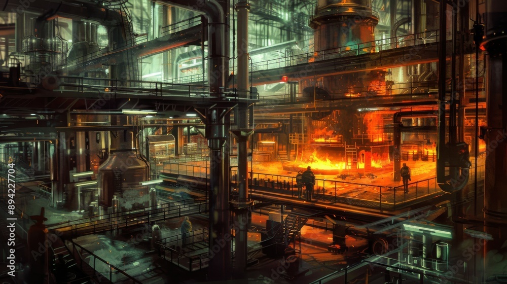 An artistic depiction of the inside of a steel factory, rendered in digital paint. The composition includes rows of steel columns, heavy-duty machinery, and a labyrinth of pipes. The warm glow from An artistic depiction of the inside of a steel factory, rendered in digital paint. The composition includes rows of steel columns, heavy-duty machinery, and a labyrinth of pipes. The warm glow from
