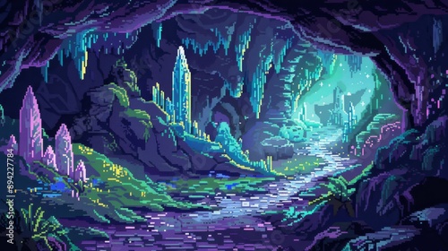 Mystical Mountain Cave, Pixel Art Background for Game Design, Vibrant Crystals, Luminous Pathway, Enchanting Fantasy Scene
