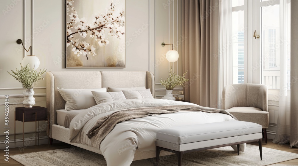 Fototapeta premium Large cozy bedroom featuring modern wall art