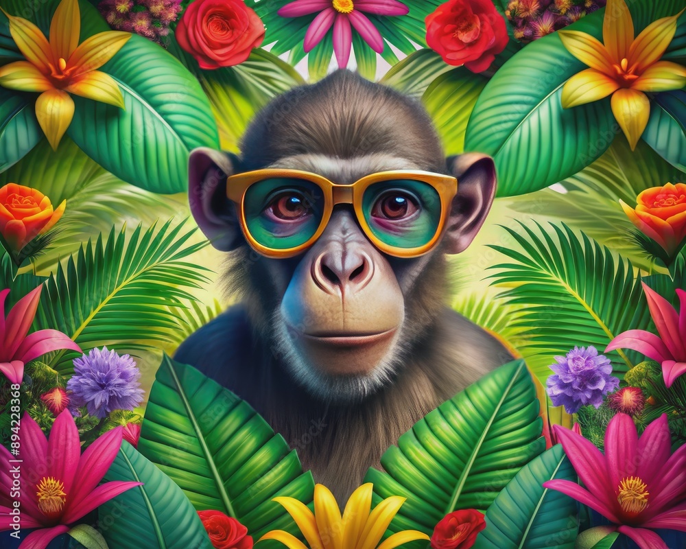 Fototapeta premium A trendy monkey poses with confidence, donning sleek shades, against a vibrant tropical backdrop of lush green leaves and colorful exotic flowers.