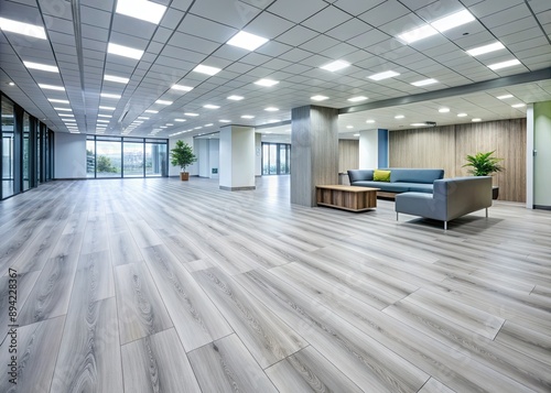 Polished light gray laminate flooring with subtle wood grain pattern beautifully complements modern commercial building interior with sleek lines and versatile decorative options. photo