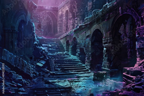 Mysterious ruins of an ancient castle bathed in moonlight
