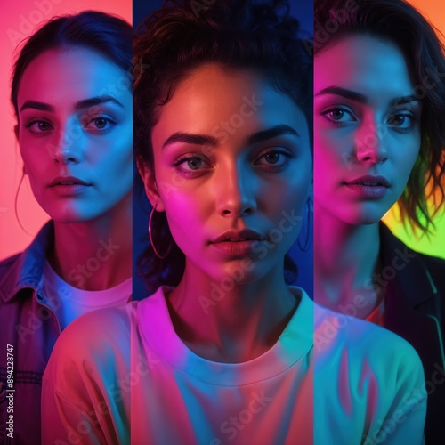 A collage of diverse young adults in close-up portraits, each illuminated by vibrant neon lighting, showcasing modern style and cultural diversity. © franxxlin_studio