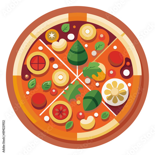 A colorful pizza with various toppings including vegetables and herbs. Perfect for a delicious meal.