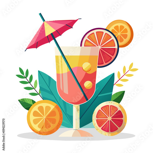 Refreshing summer cocktail with orange slices and a small umbrella. Perfect for a tropical vacation.