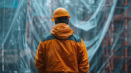 Construction worker facing away, hailstorm, covering materials with a tarp, construction worker hail, protection and resilience photo