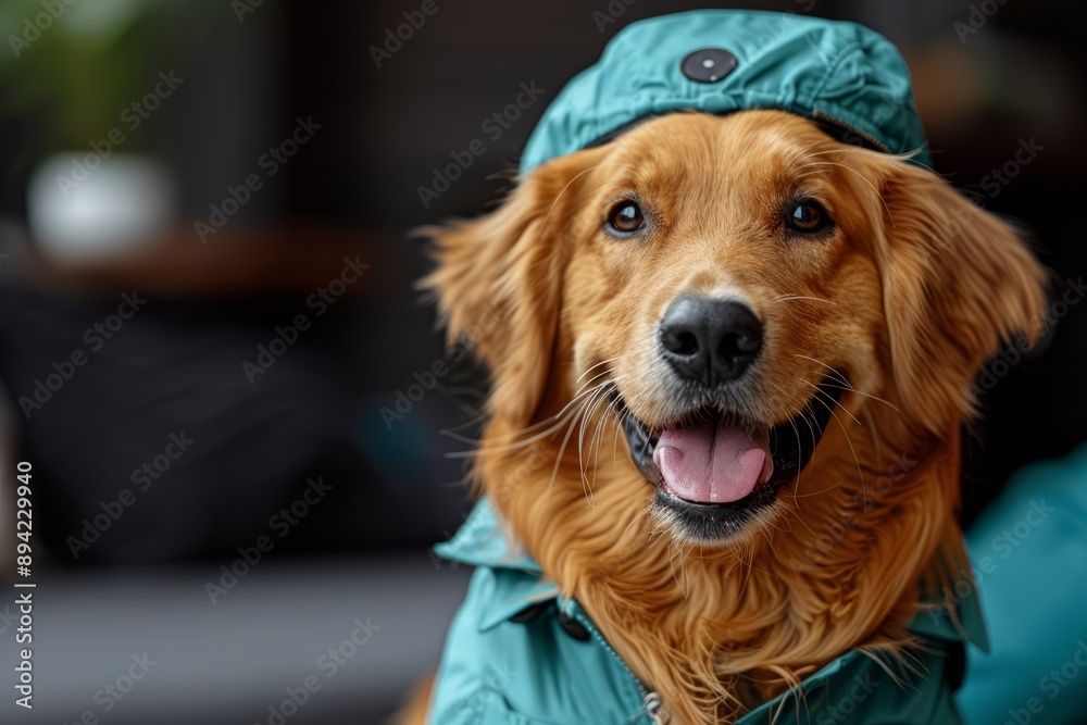 a retriever dog wearing a medic outfit,white background,Dog care, International Dog Day,