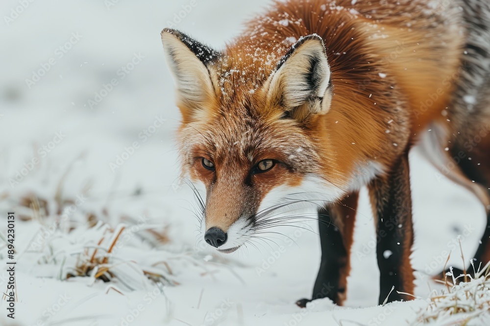 Obraz premium A close-up of a red fox hunting in a snowy field, its bright fur contrasting with the white surroundings. 