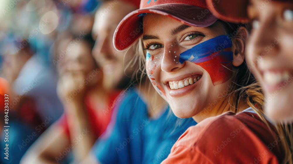 A woman proudly displaying her team colors and face paint, showing her support at a baseball match