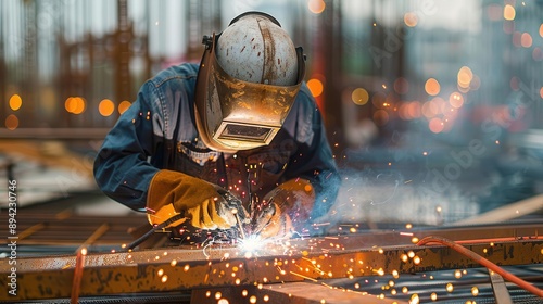 Construction worker sidling away, focused on task, welding sparks flying, construction site in background, driven construction worker, concentration and skill photo