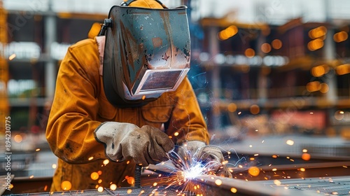 Construction worker sidling away, focused on task, welding sparks flying, construction site in background, driven construction worker, concentration and skill photo