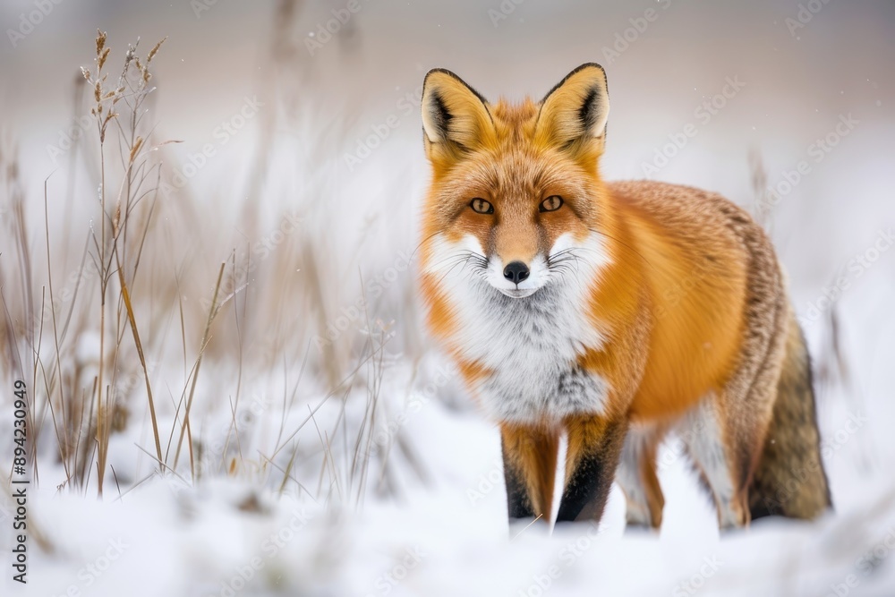 Obraz premium A close-up of a red fox hunting in a snowy field, its bright fur contrasting with the white surroundings. 