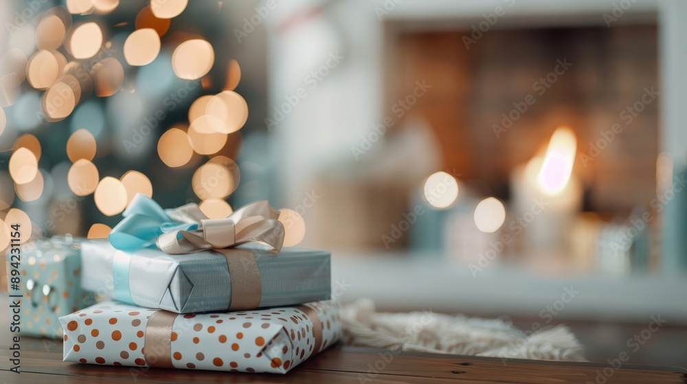 A stack of beautifully wrapped New Year's gifts in a cozy living room.