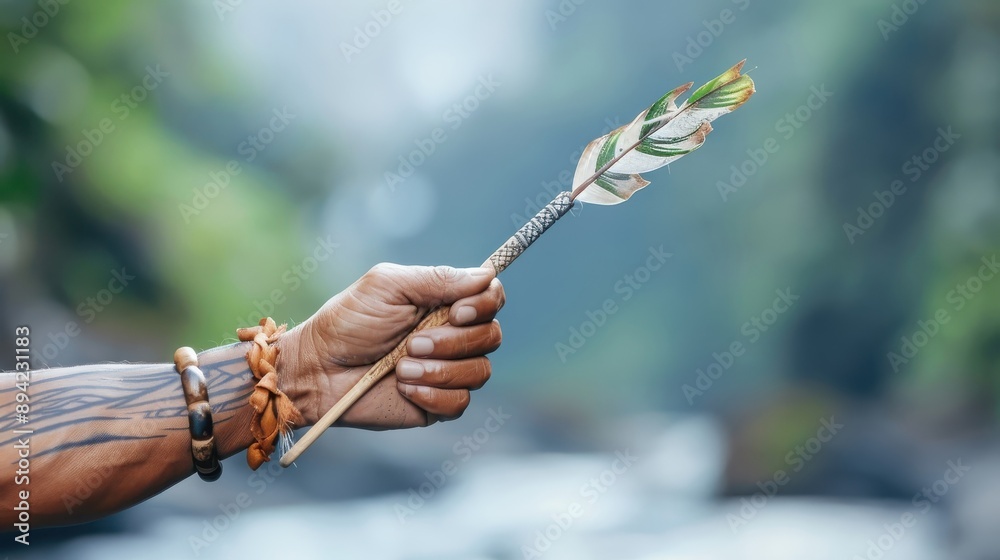Obraz premium A hand with a tribal tattoo raises a traditional spear.