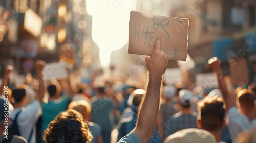 A protest march with participants holding signs and chanting slogans. photo