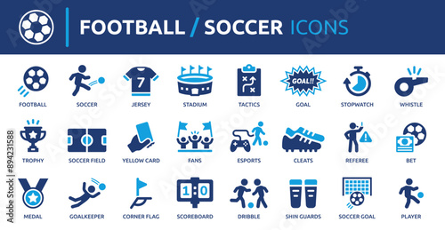 Football and soccer icon set. Containing jersey, soccer field, stadium, referee, goal, trophy, dribble, player and more. Solid vector icons collection.