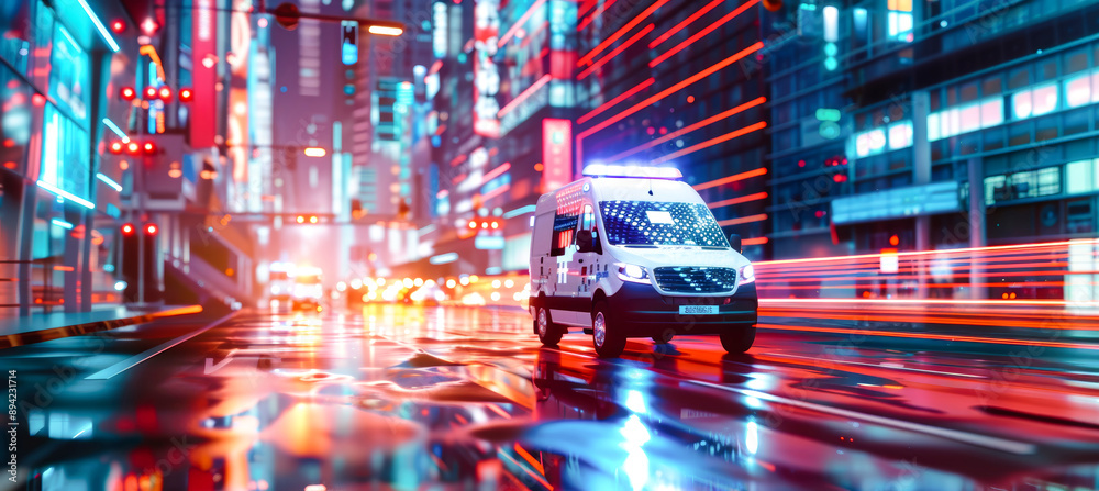 A white ambulance with flashing lights drives through a futuristic city street at night, surrounded by vibrant neon lights and holographic medical data A white ambulance with flashing lights drives through a futuristic city street at night, surrounded by vibrant neon lights and holographic medical data
